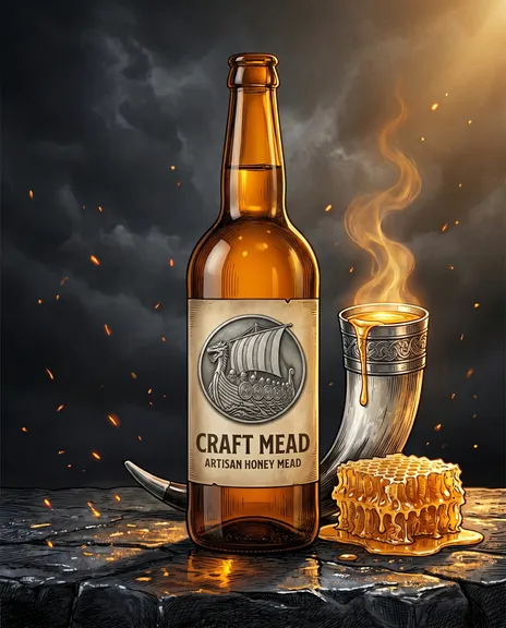 Berserker mead bottle with a parchment medallion label beside a pouring horn and dripping honeycomb