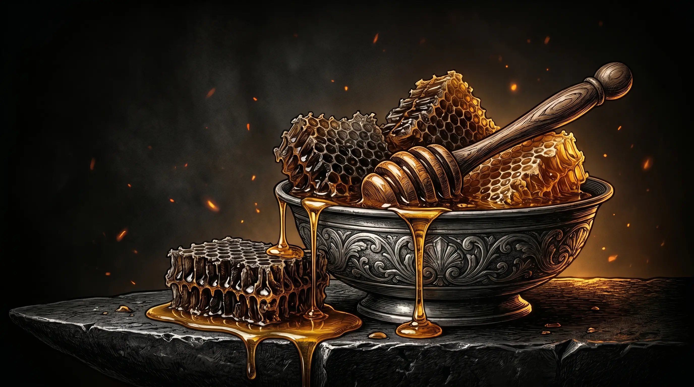 Raw Oklahoma honeycomb and a wooden honey dipper in an engraved bowl, honey streaming over the stone ledge